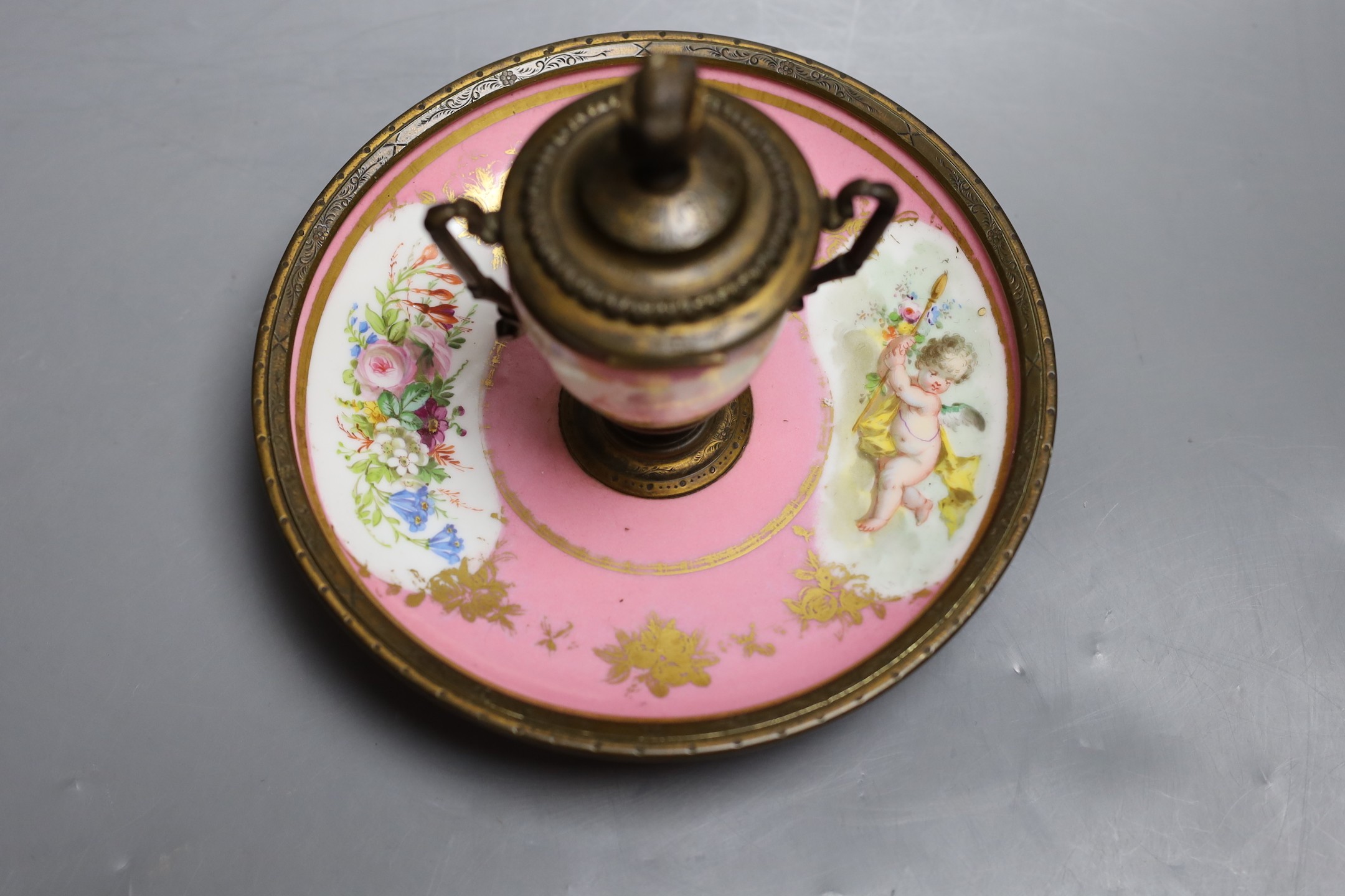 A Sevres style pink ground porcelain and gilt metal mounted inkwell, 18cm tall